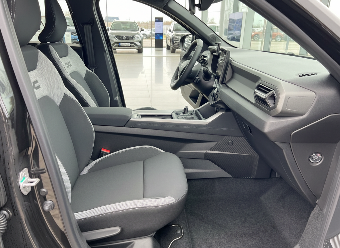 Fahrzeug Innenraum mit grauen Stoffsitzen, Mittelkonsole und Armaturenbrett in modernem SUV