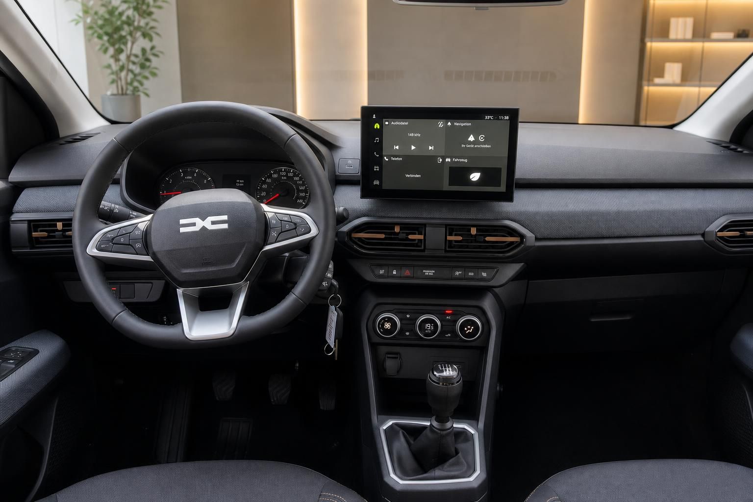 Dacia Cockpit mit Lenkrad, Schaltung und Infotainment-Display