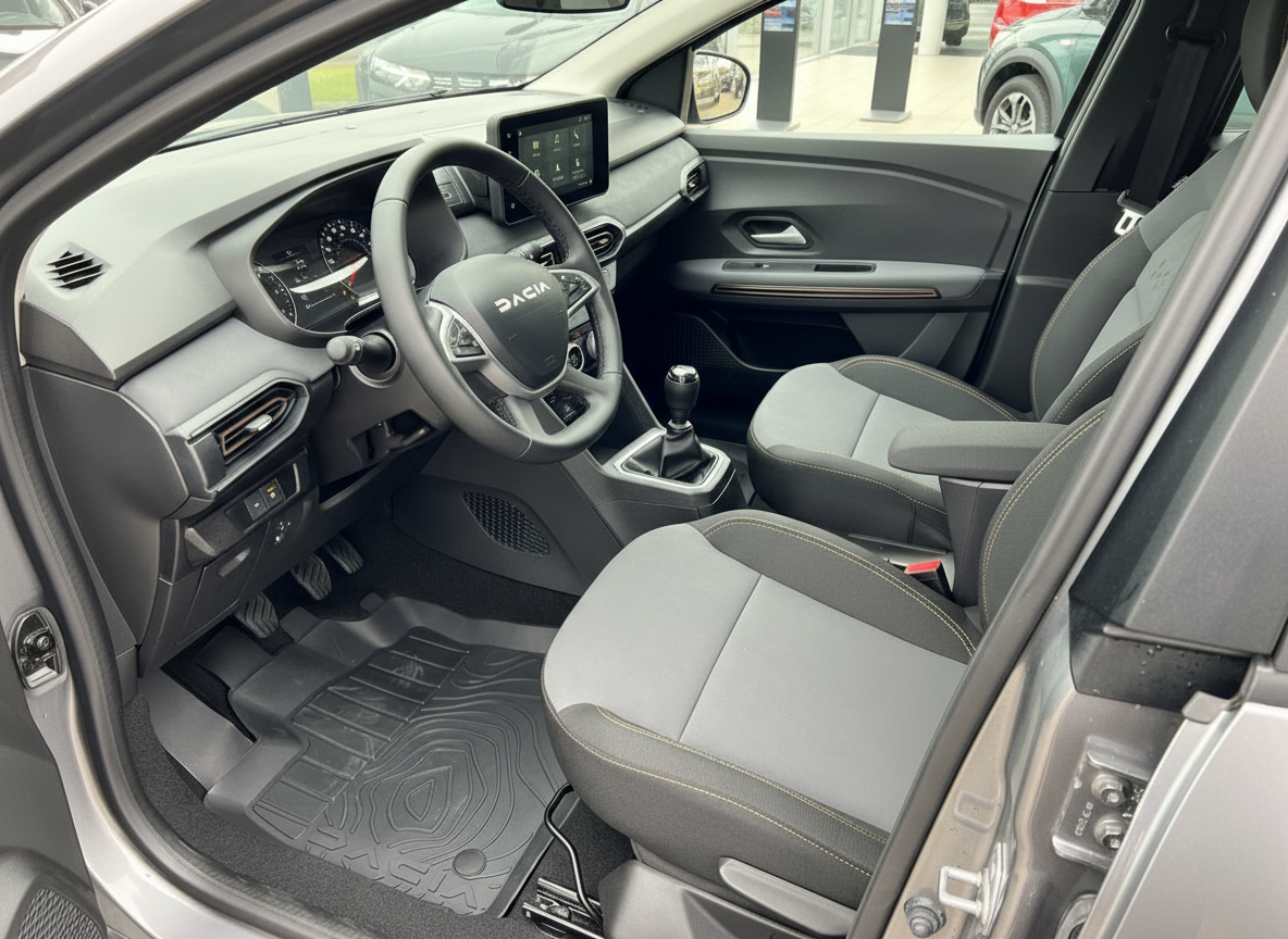 Dacia Innenraum mit Lenkrad, Touchscreen-Display, Schaltgetriebe und grauen Stoffsitzen