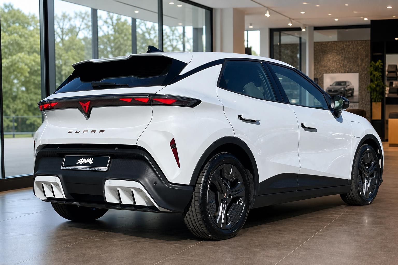 Weißer Cupra SUV Heckansicht mit Spoiler im Showroom