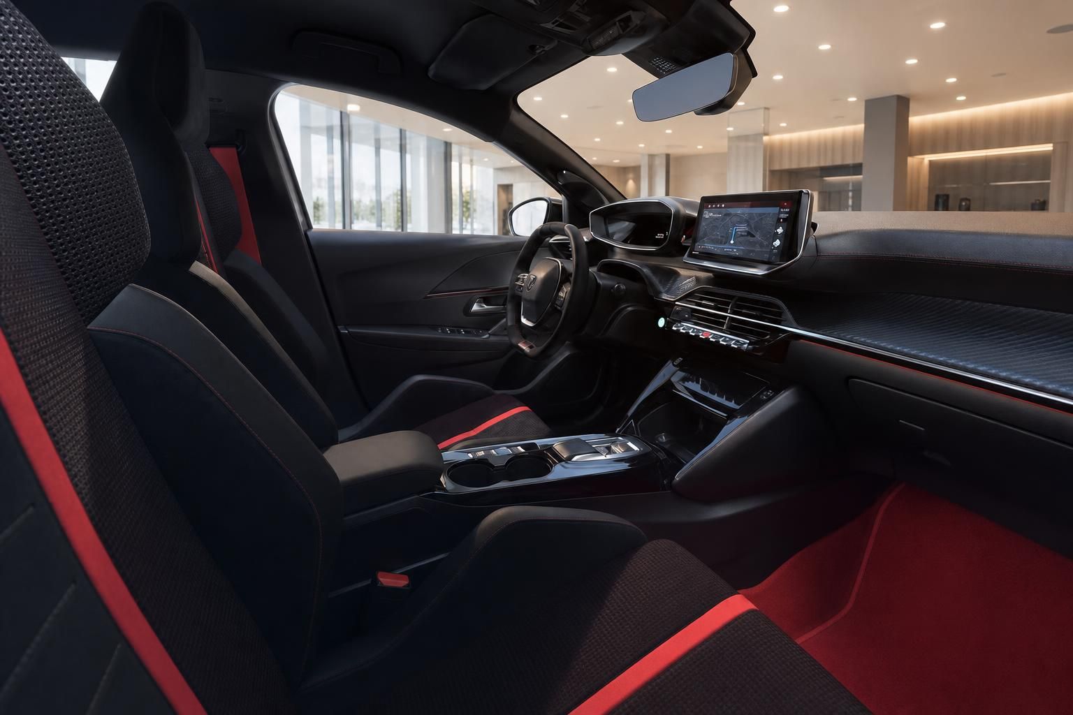 Peugeot Innenraum mit schwarz-roten Sportsitzen und digitalem Cockpit