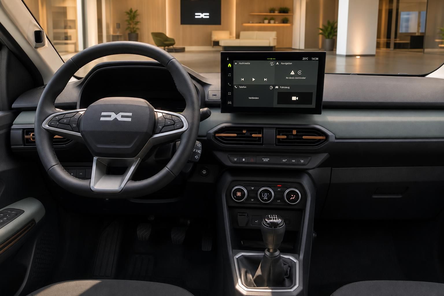 Dacia Cockpit mit Lenkrad und Touchscreen Infotainment im Innenraum