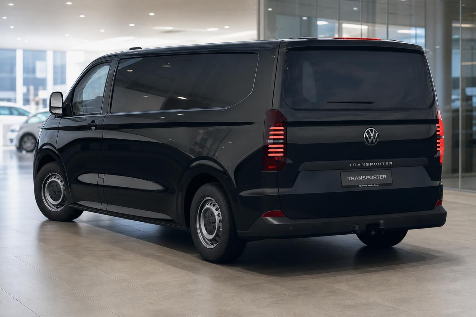 VW Transporter schwarz Heckansicht im Autohaus