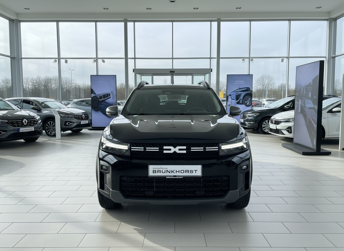 Schwarzer Dacia Duster SUV Frontansicht im Autohaus Brunkhorst Showroom