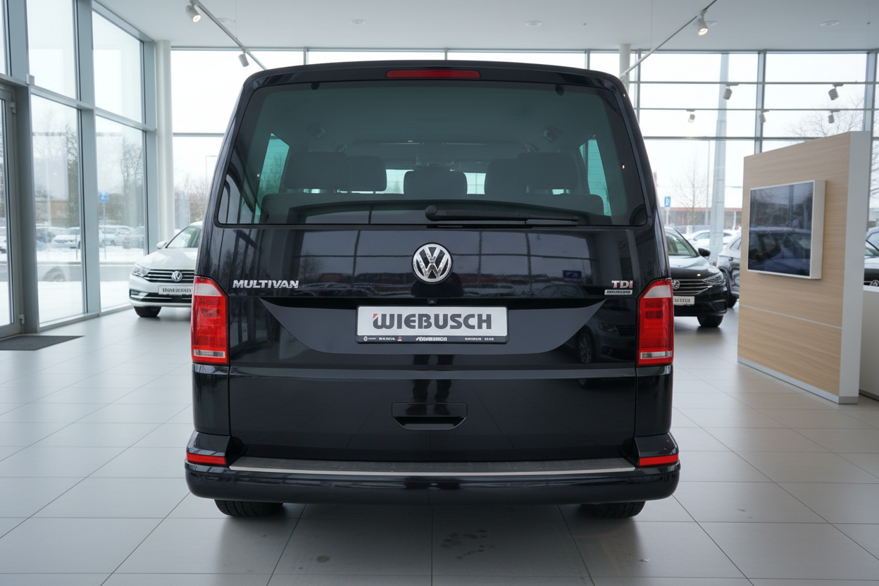 Schwarzer VW Multivan T6 TDI Heckansicht im Autohaus Wiebusch Showroom