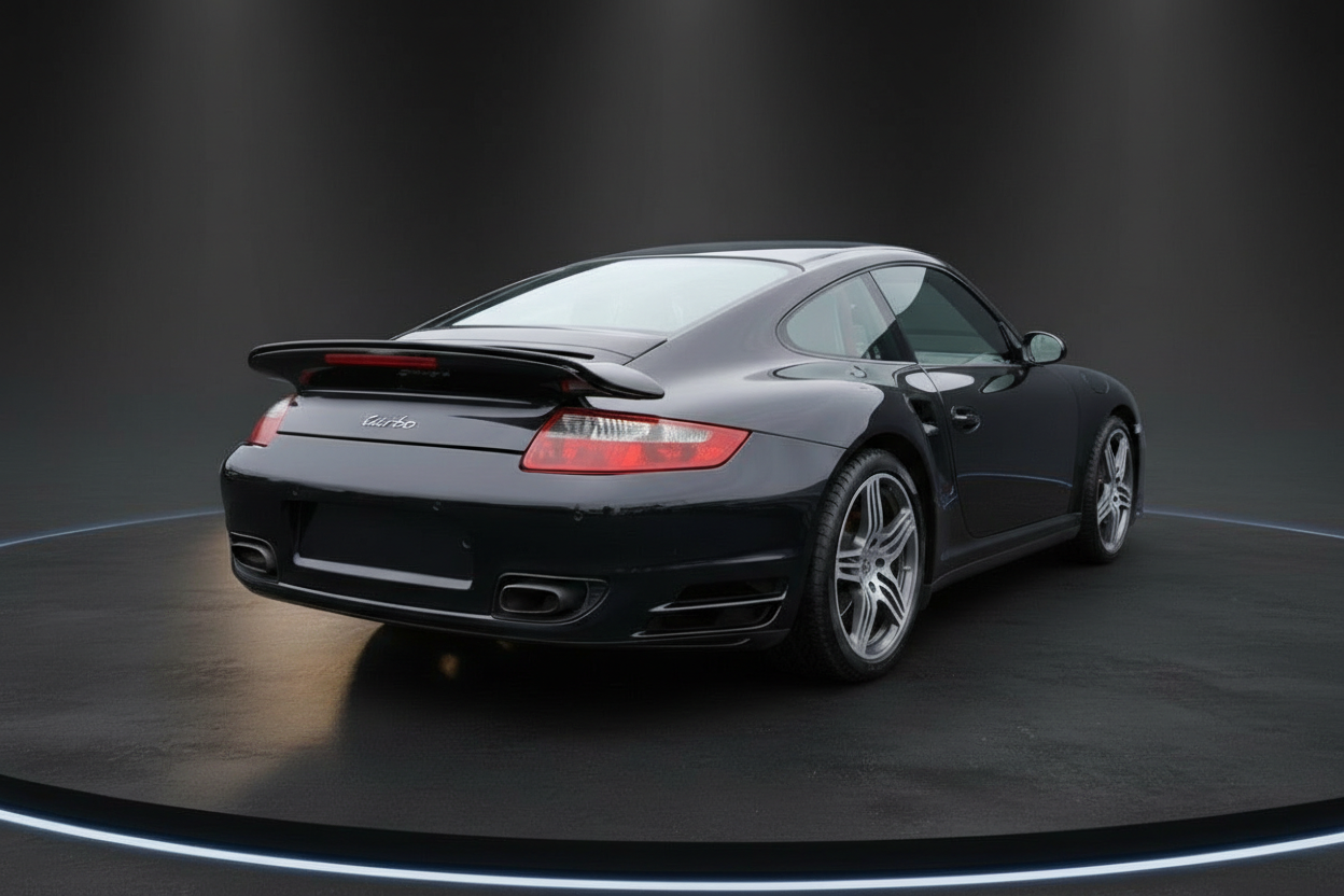 Schwarzer Porsche 911 Turbo 997 Coupé Heckansicht im Studio