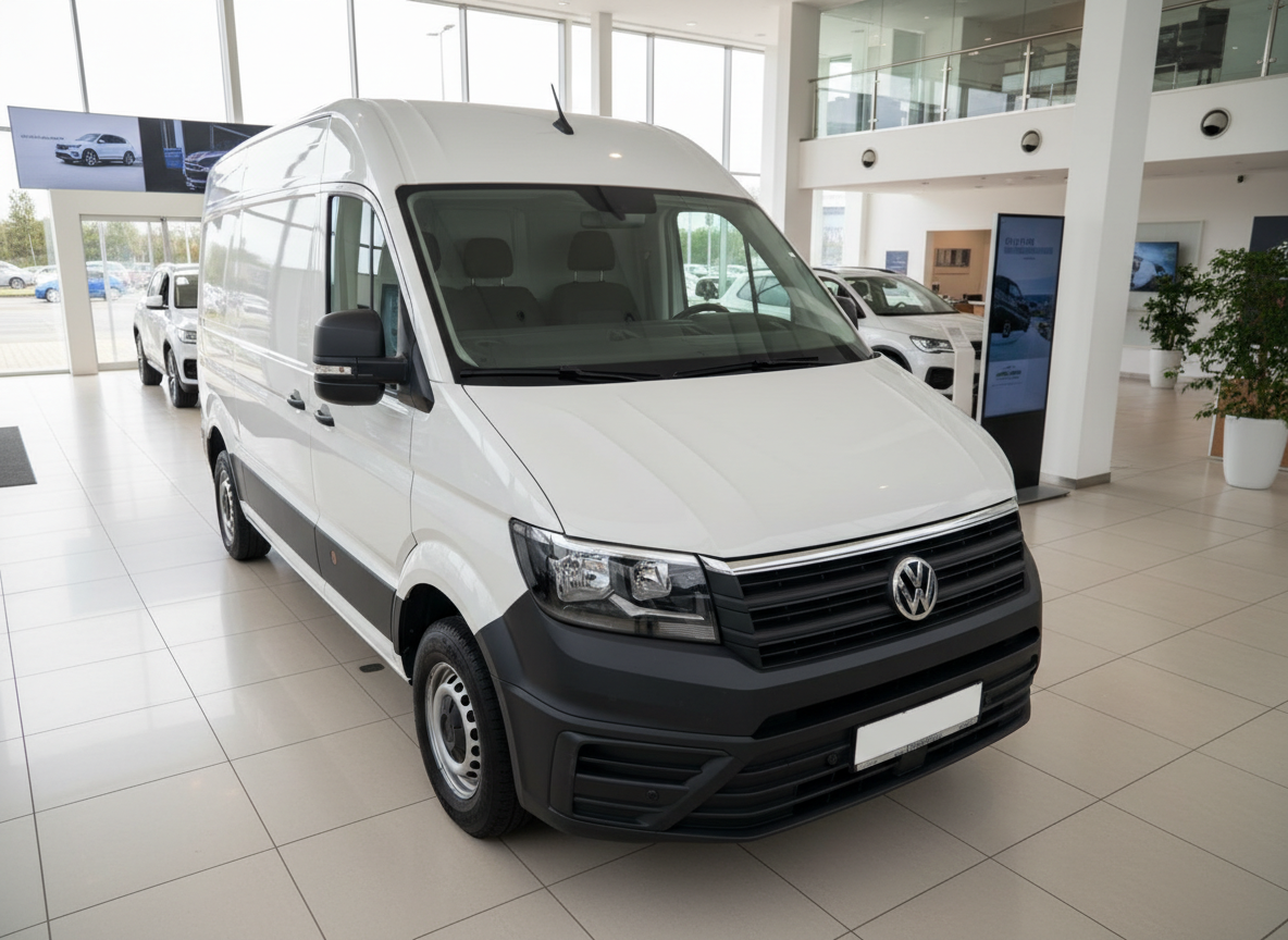 Weißer Volkswagen Crafter Kastenwagen im Autohaus-Showroom, Frontansicht