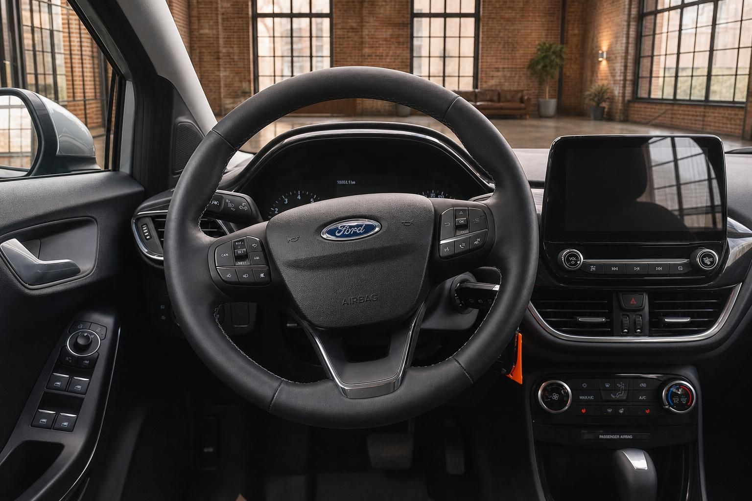 Ford Fiesta Lenkrad mit Ford-Logo, Multifunktionstasten und Infotainment-Display
