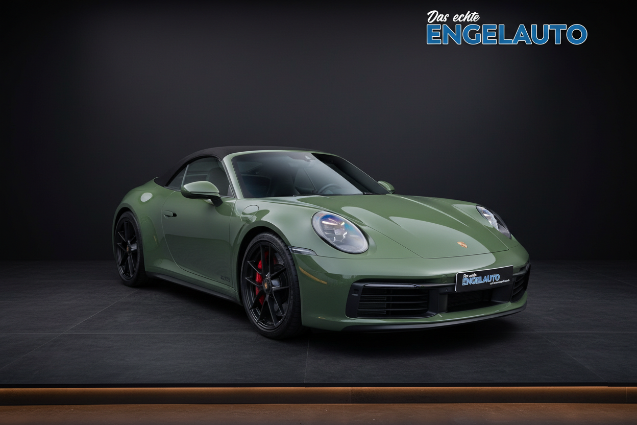 Porsche 911 Targa in Olivgrün mit schwarzen Felgen und roten Bremssätteln im Showroom bei Engelauto Händler