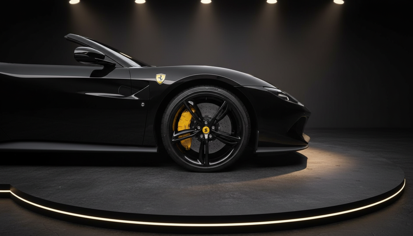 Schwarzer Ferrari Spider mit gelben Bremssätteln in dunklem Showroom