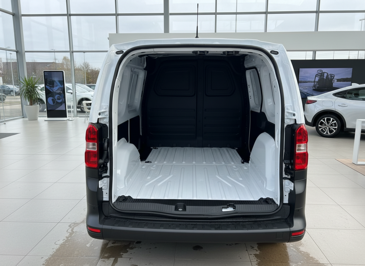 Weißer Kleintransporter mit geöffneter Heckklappe zeigt leeren Laderaum im Autohaus