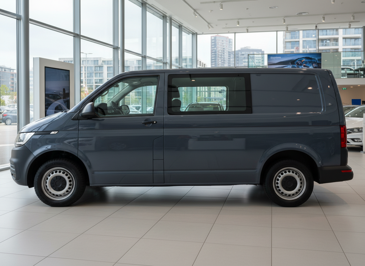 VW Volkswagen Transporter T6 Kastenwagen in Dunkelgrau im Autohaus Showroom Seitenansicht