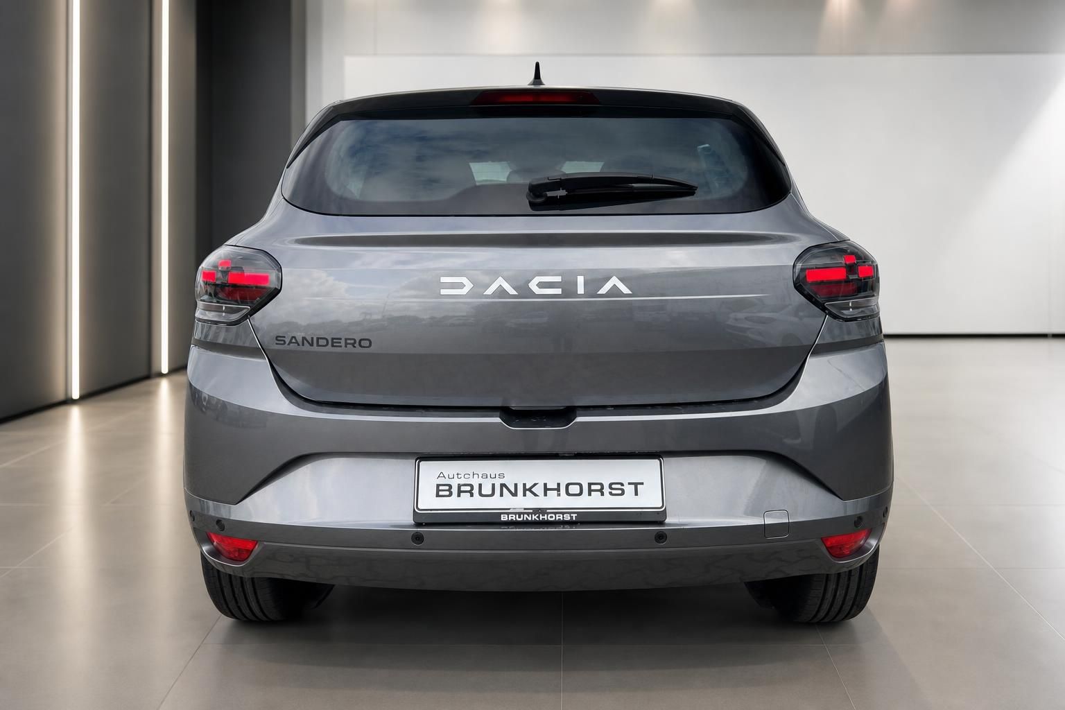 Dacia Sandero Heckansicht grau - Rückleuchten und Kennzeichenhalter sichtbar