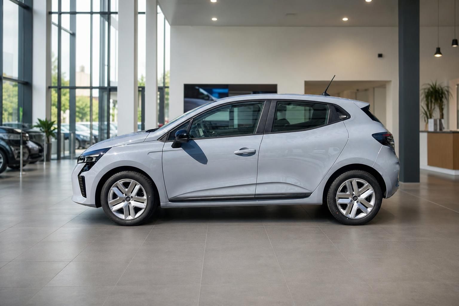 Renault Clio 5 silber Seitenansicht im Autohaus – kompakter Kleinwagen Neufahrzeug
