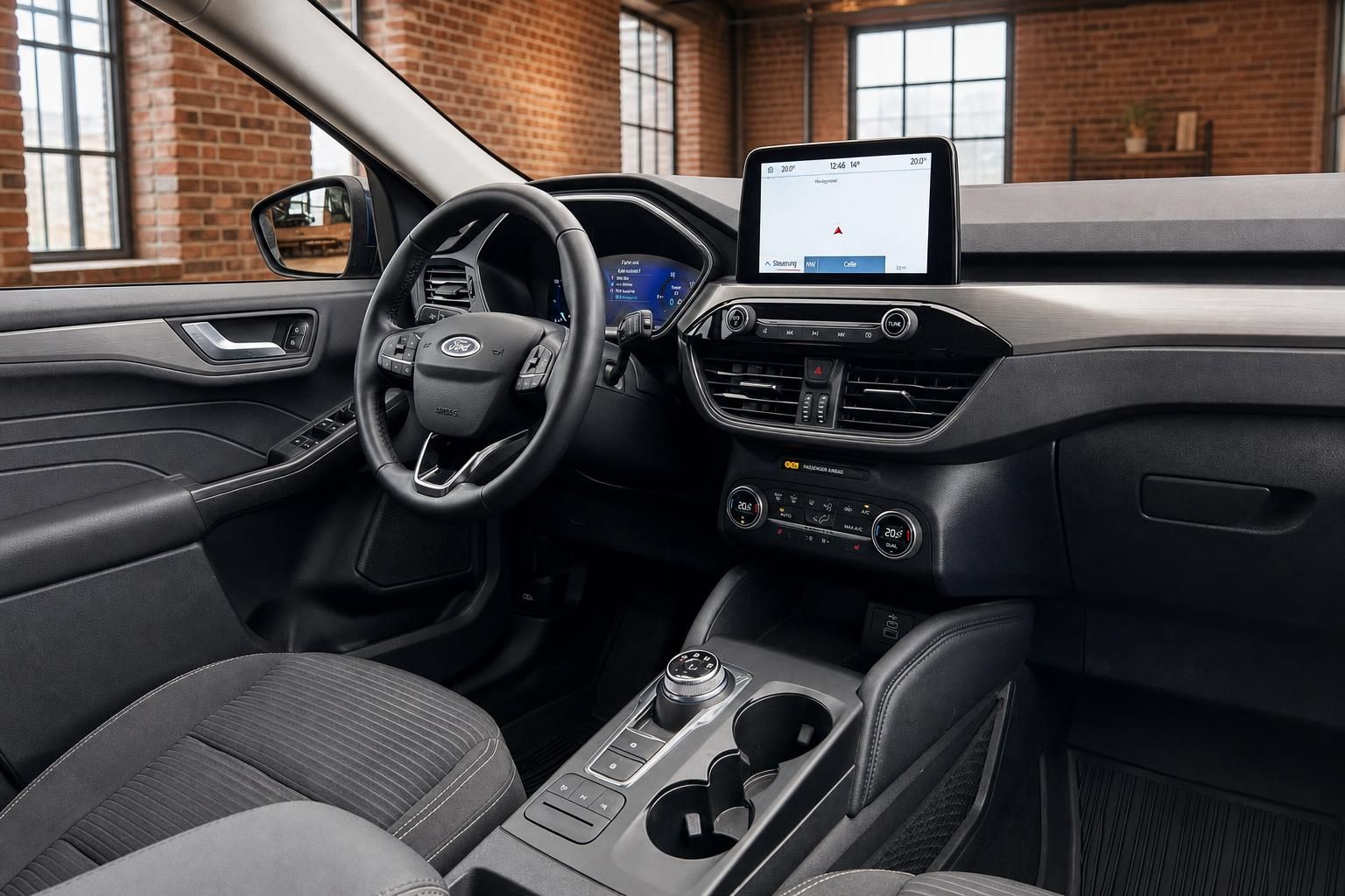 Ford Innenraum mit Cockpit, Lenkrad und Touchscreen-Navigationssystem