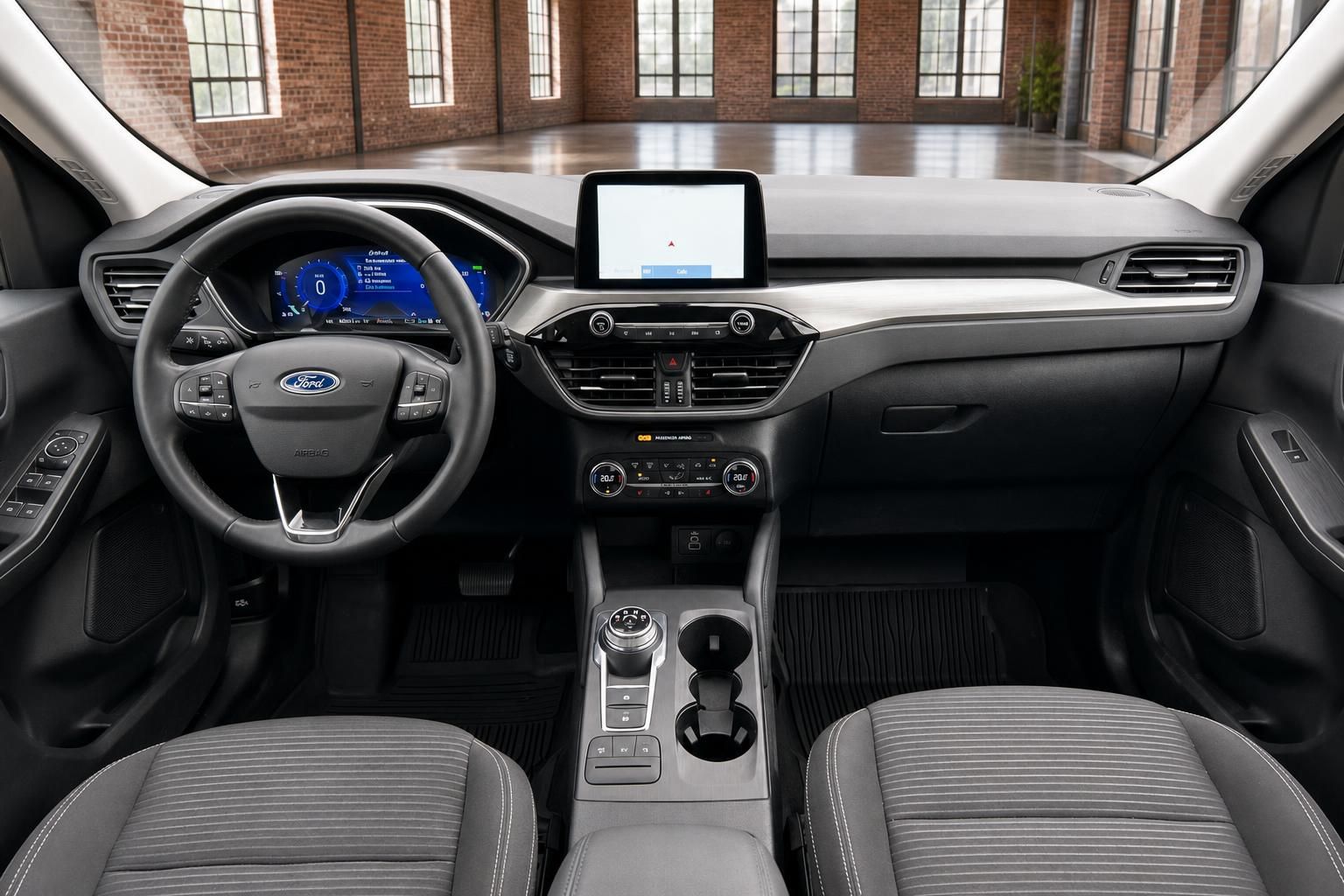 Ford Cockpit Frontalansicht mit Lenkrad, Display und Sitzen