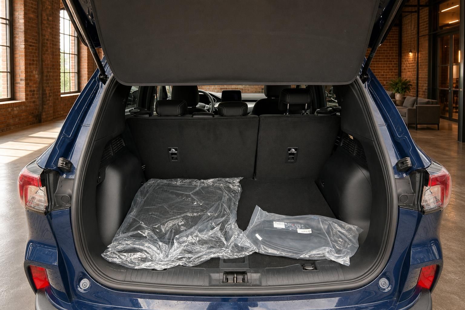 Ford Kuga blau Kofferraum geoeffnet mit Laderaum Ansicht