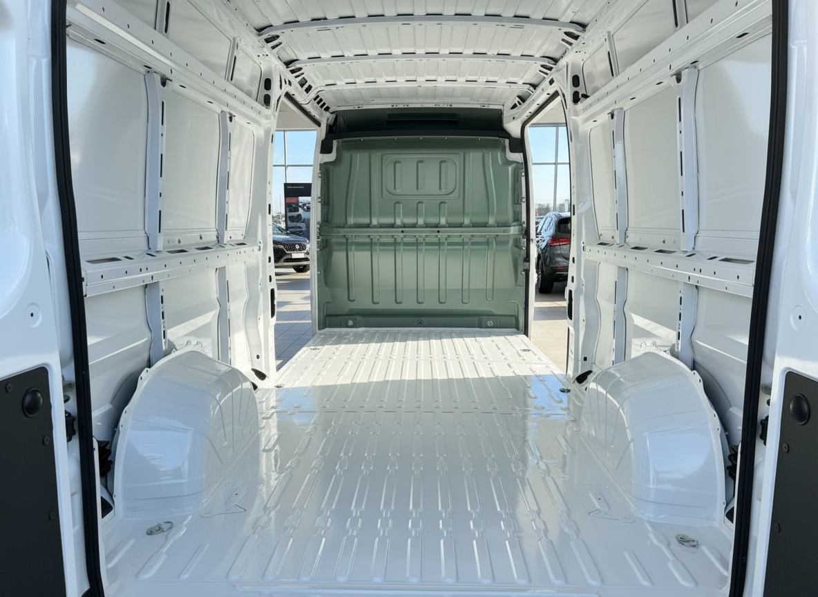 Weißer Transporter Laderaum Innenansicht – geräumiger Cargo-Van mit hohem Dach leer