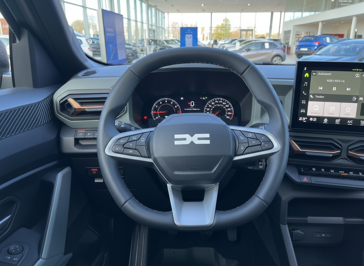 Dacia Innenraum mit Lenkrad, Cockpit und Infotainment-Display im Autohaus
