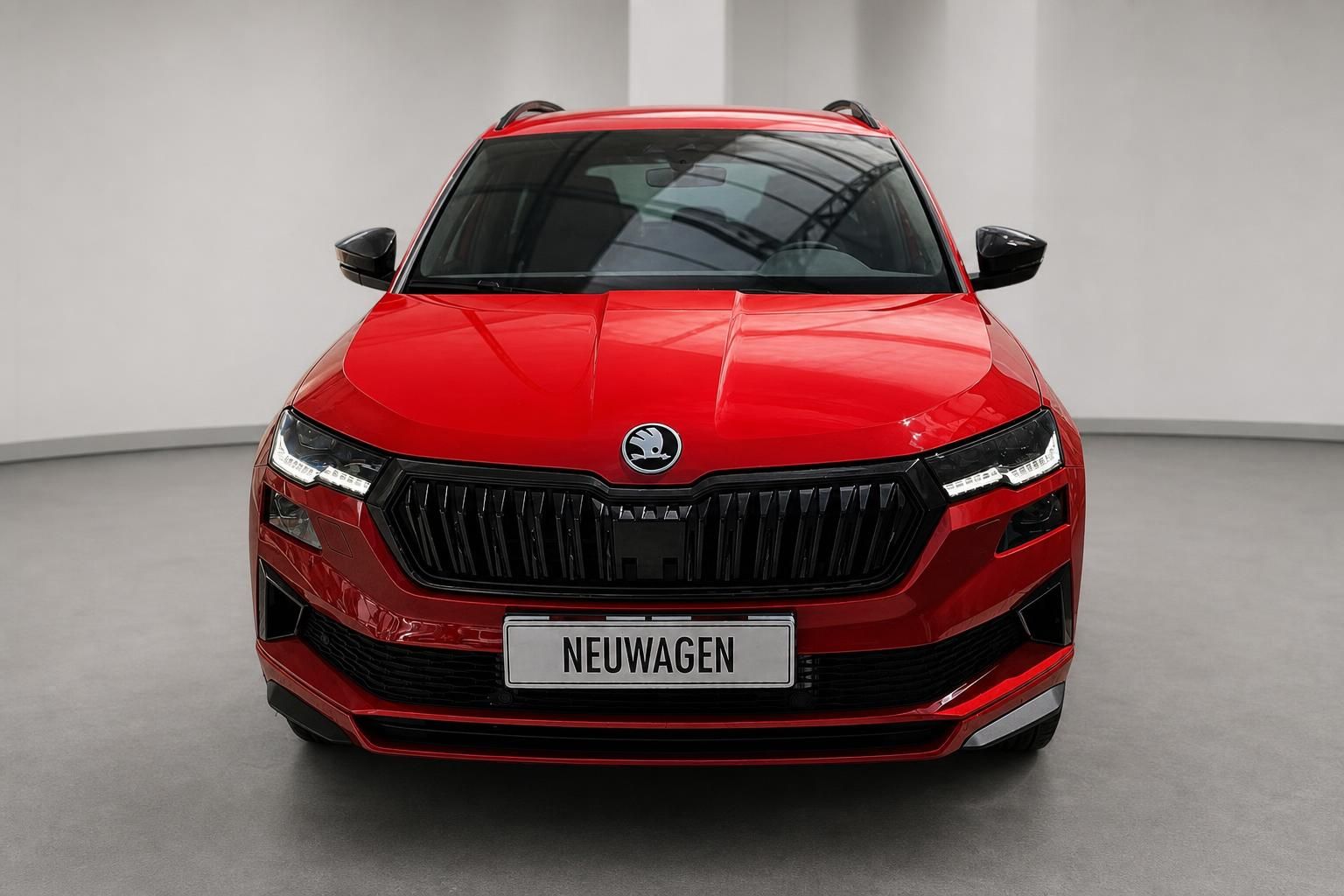 Skoda Kodiaq in Rot, Frontansicht mit Kennzeichen Neuwagen