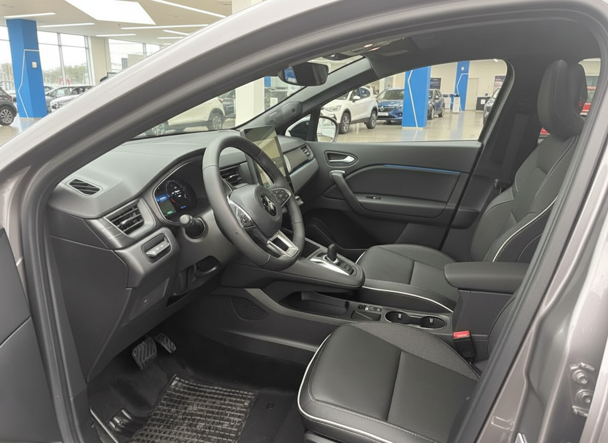 Renault Innenraum mit schwarzen Ledersitzen, Lenkrad und Touchscreen-Infotainment im Autohaus