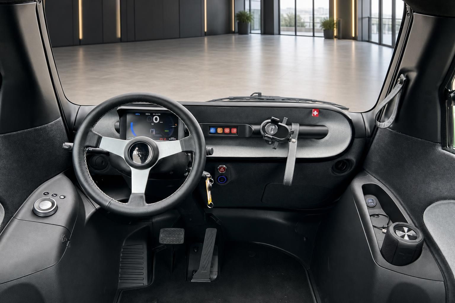 Microlino Armaturenbrett und Cockpit - Lenkrad, Display und Bedienelemente des Elektrofahrzeugs