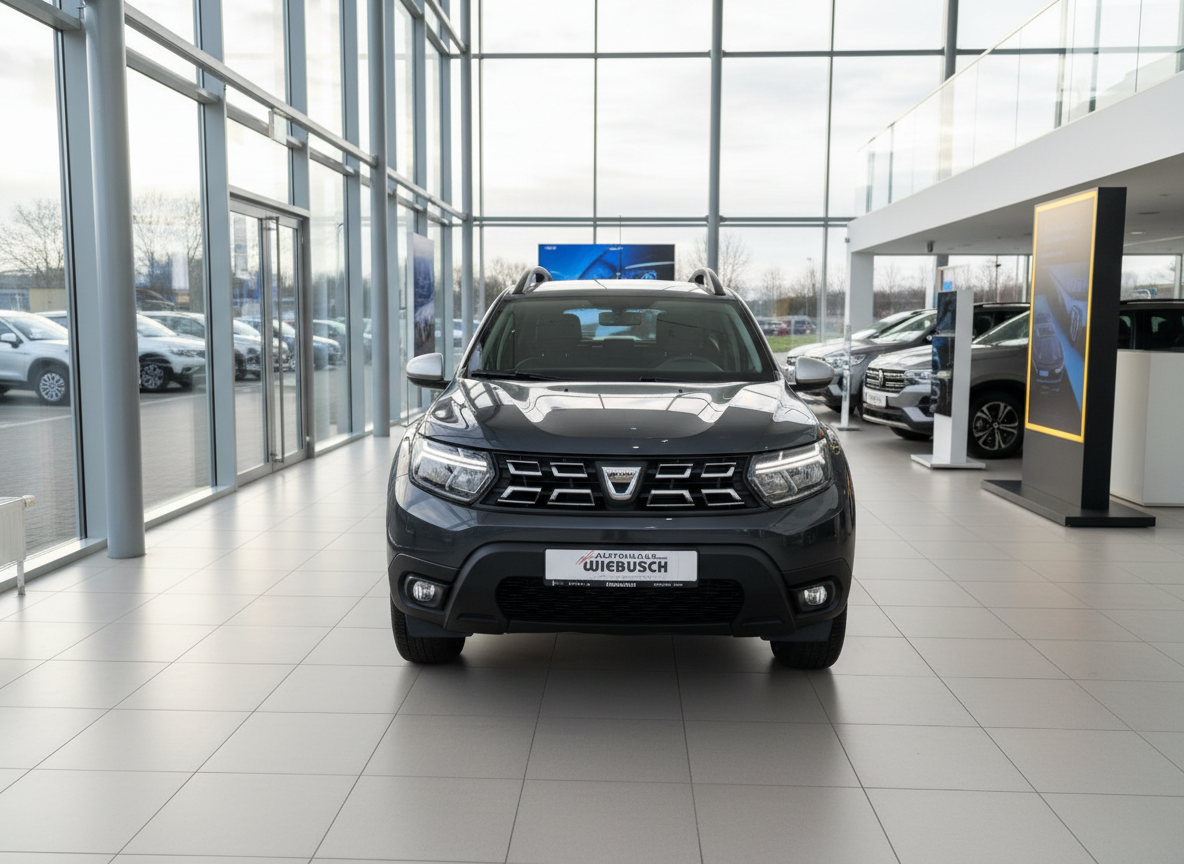 Dacia Duster SUV Frontansicht in dunklem Grau im Autohaus Wiebusch Showroom