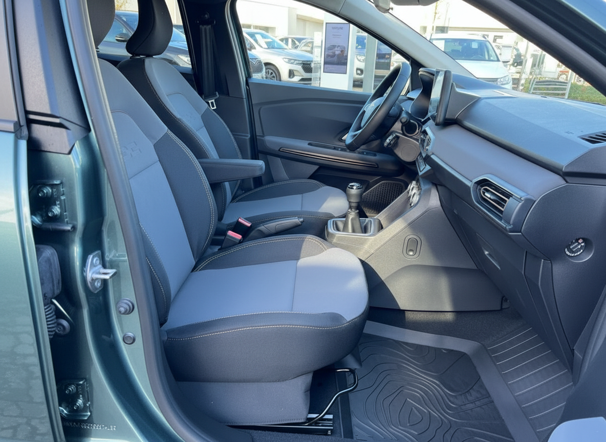 Innenraum Dacia Jogger Beifahrerseite mit grauen Stoffsitzen und Schaltgetriebe