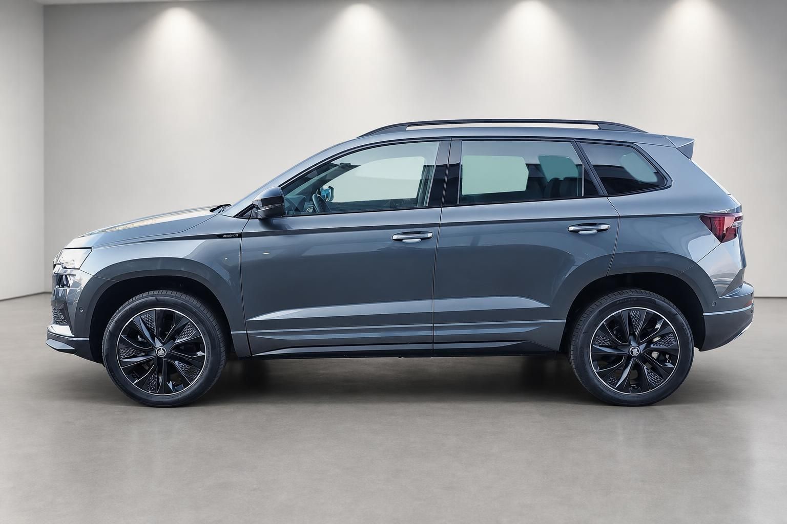 Skoda Karoq Seitenansicht in Grau mit Panoramadach und Alufelgen
