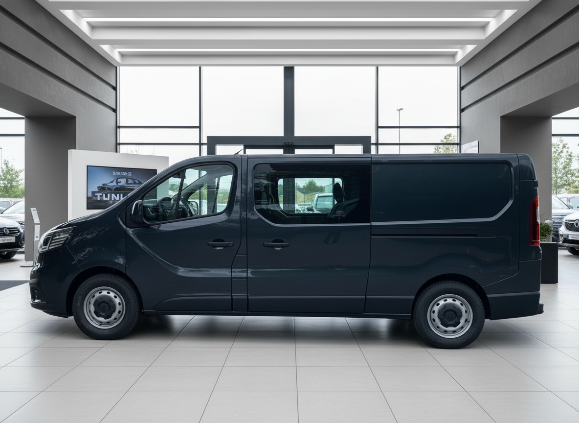 Dunkelgrüner Renault Trafic Kastenwagen in Fahrzeugausstellung – Seitenansicht