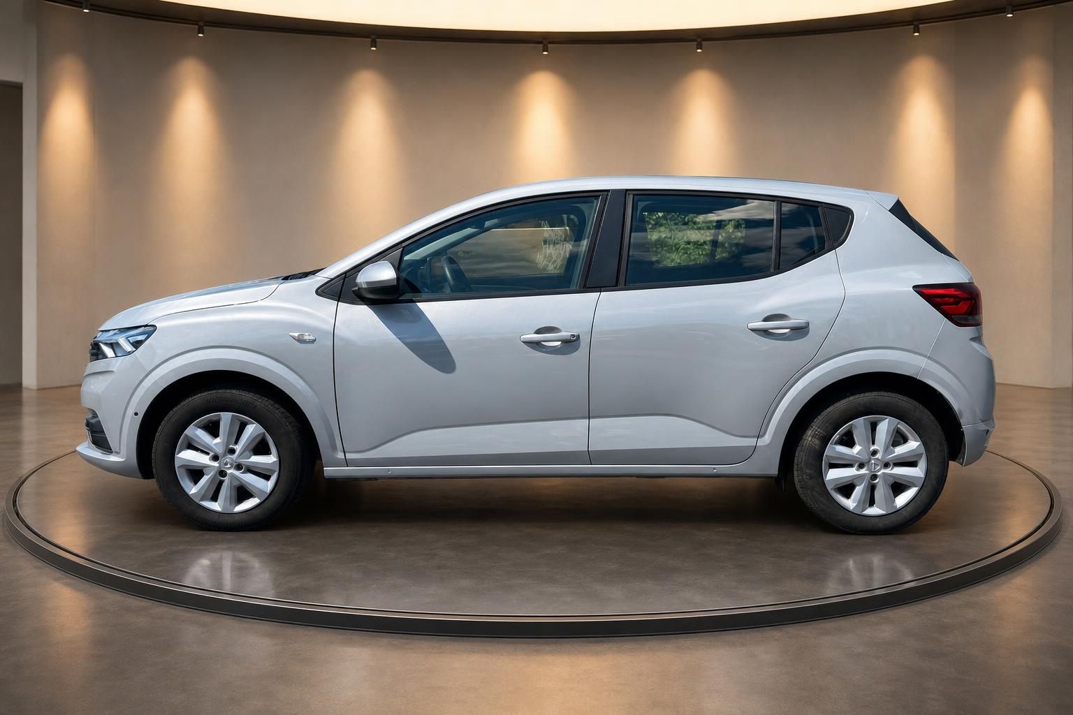 Dacia Sandero silber Seitenansicht Profil mit 5-Türer Karosserie und modernen Allwetterreifen