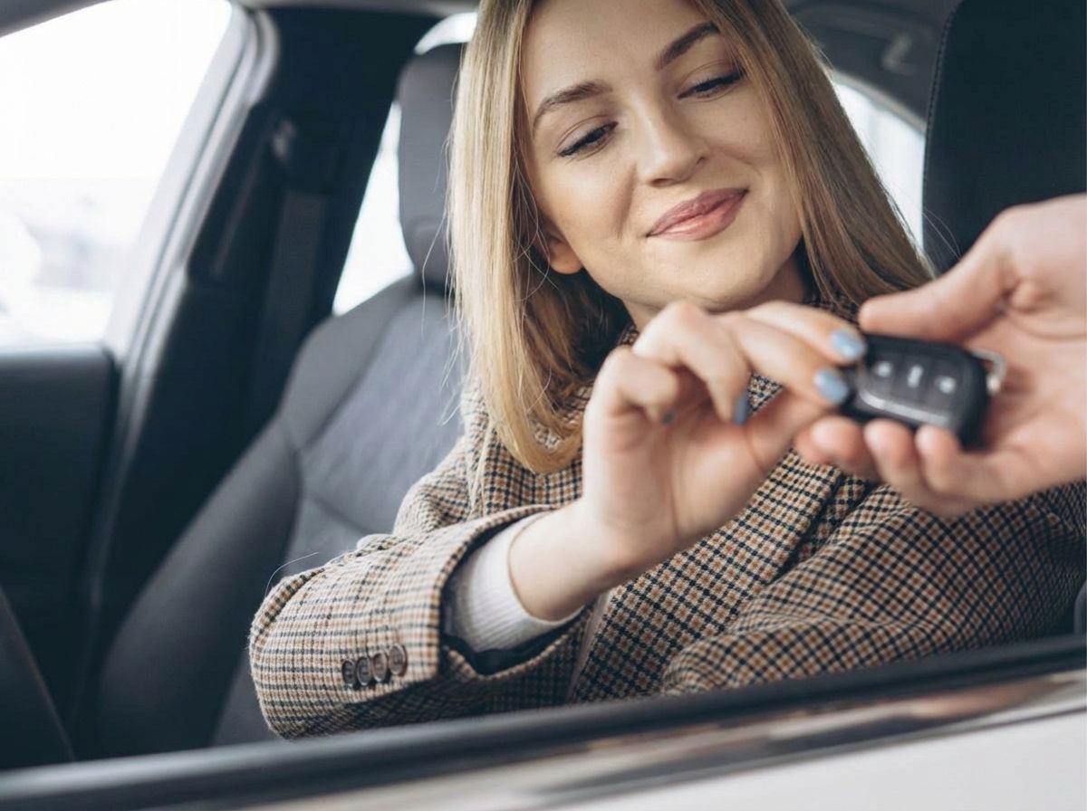 Frau sitzt im Fahrzeuginnenraum und nimmt Autoschlüssel entgegen – Fahrzeugübergabe