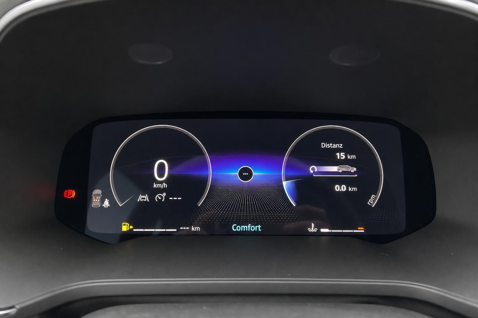 Digitales Fahrzeug Kombiinstrument mit Tachometer und Reichweitenanzeige