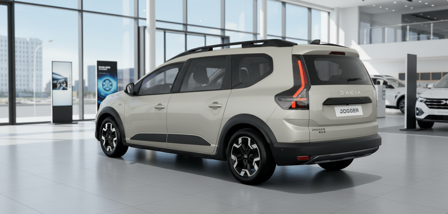 Dacia Jogger Hybrid in Beige-Grau Heckansicht im Autohaus Showroom