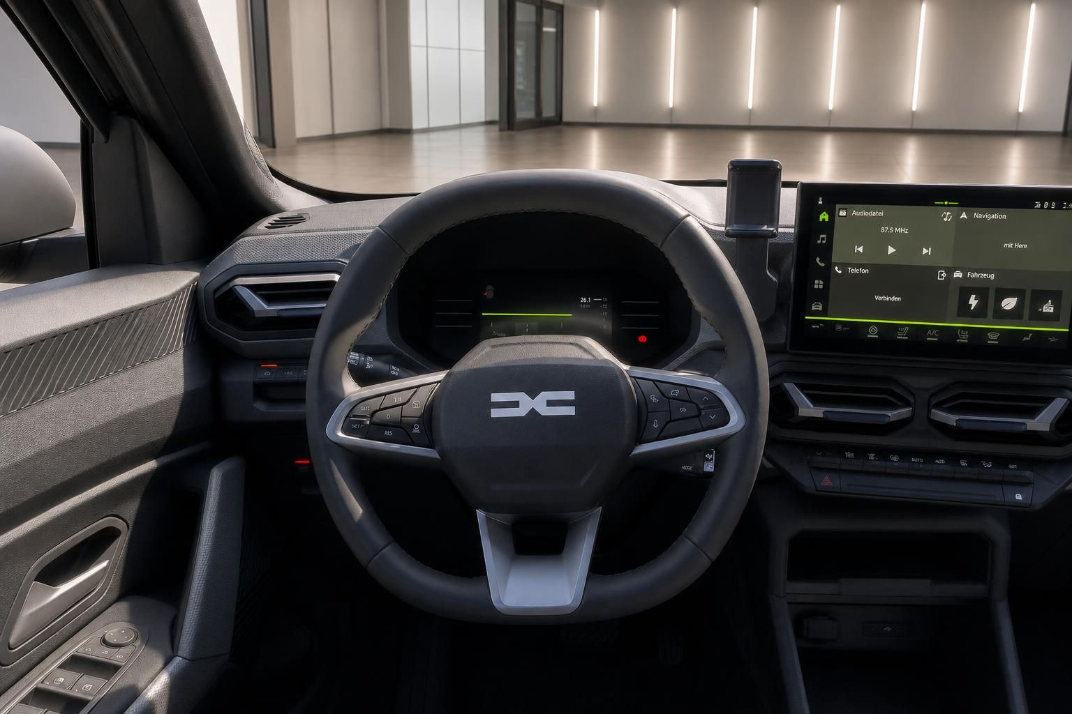 Modernes Fahrzeug-Cockpit mit digitalem Display und Lenkrad - Innenraumansicht
