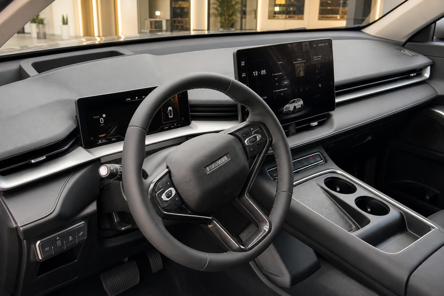 Innenraum mit Lenkrad, Digitaltacho und Infotainment-Display