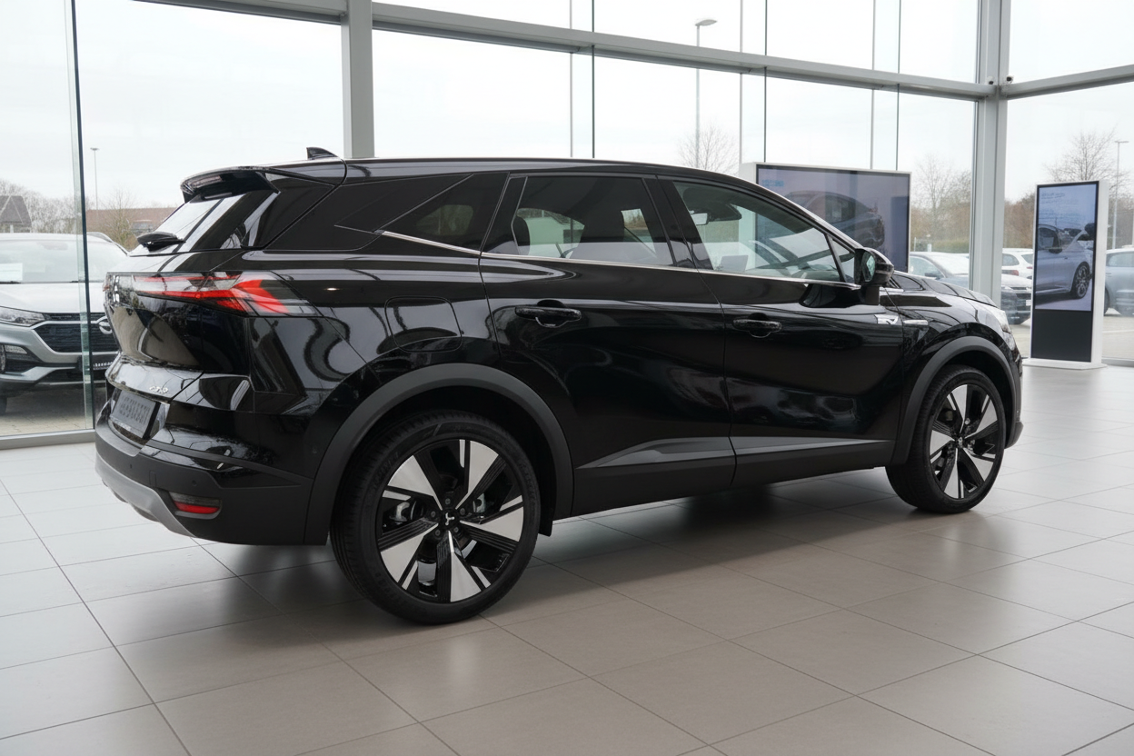 Schwarzer Kia EV6 SUV in Autohaus-Showroom, Heckansicht mit Sportfelgen