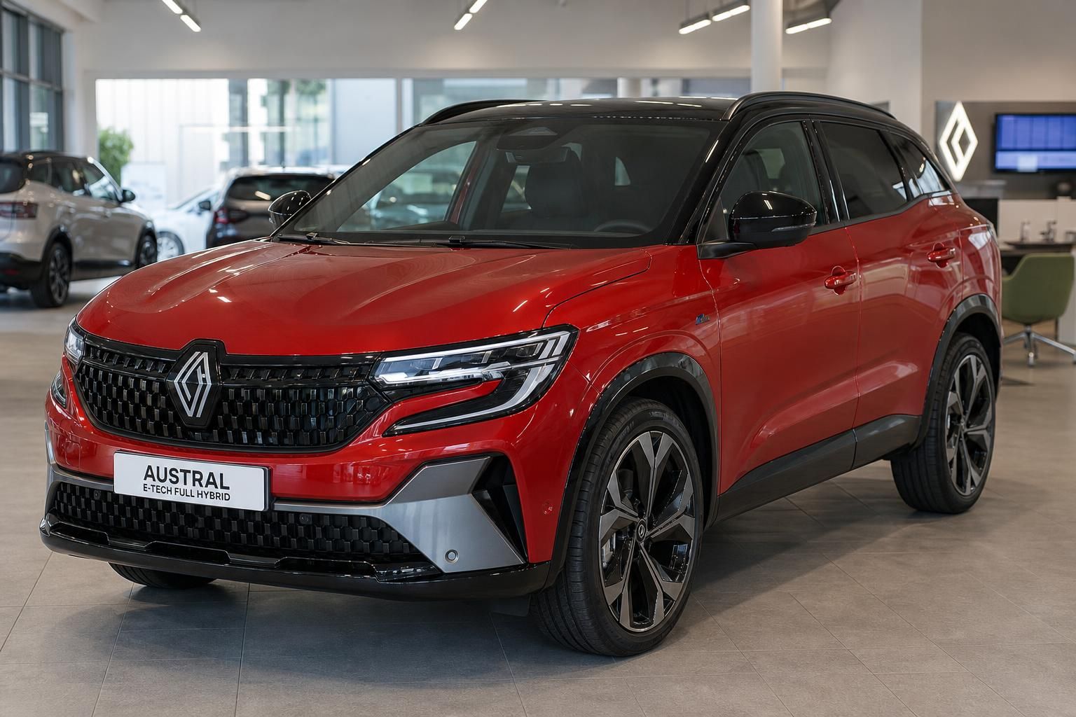 Renault Austral E-Tech Full Hybrid rot Frontansicht im Autohaus – SUV Hybridfahrzeug