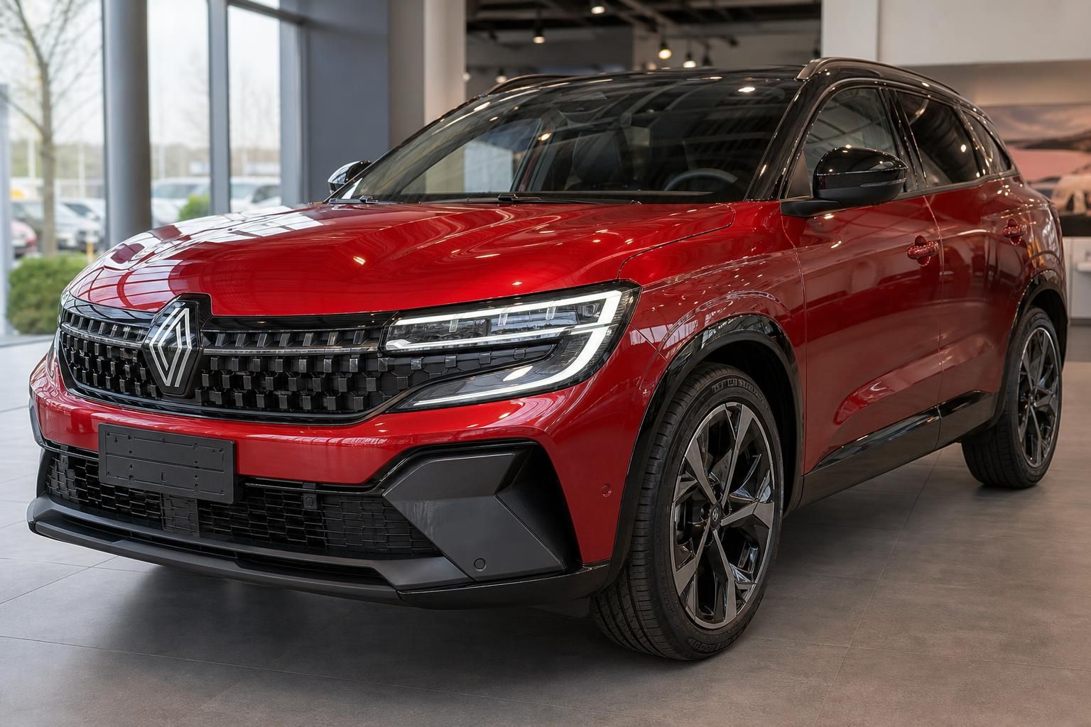 Renault SUV in Rot Frontansicht im Autohaus – modernes Design mit LED-Scheinwerfern