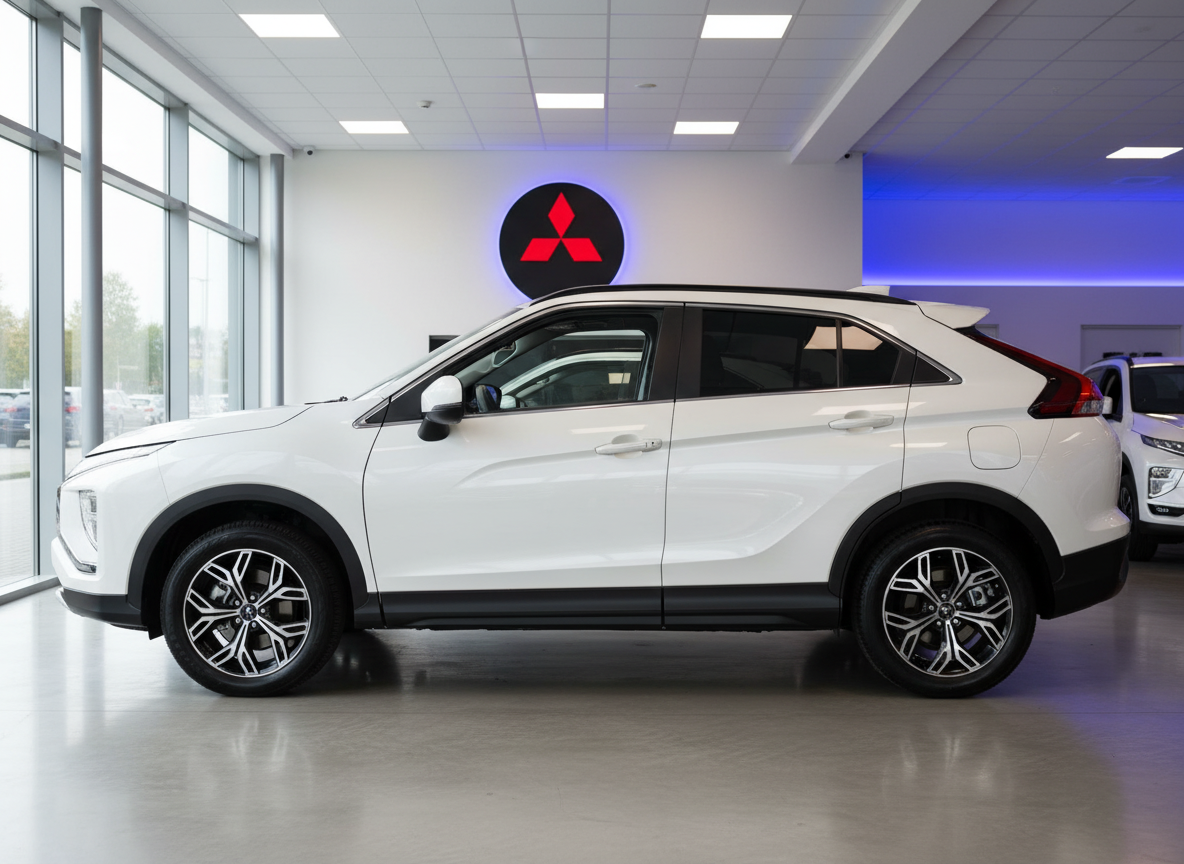 Mitsubishi Eclipse Cross SUV in Weiß im Autohaus Showroom – Seitenansicht