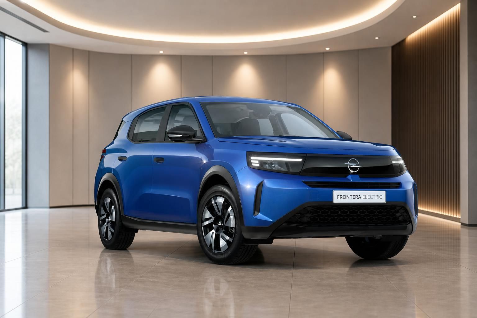 Opel Frontera Electric in Blau, Frontansicht im Showroom
