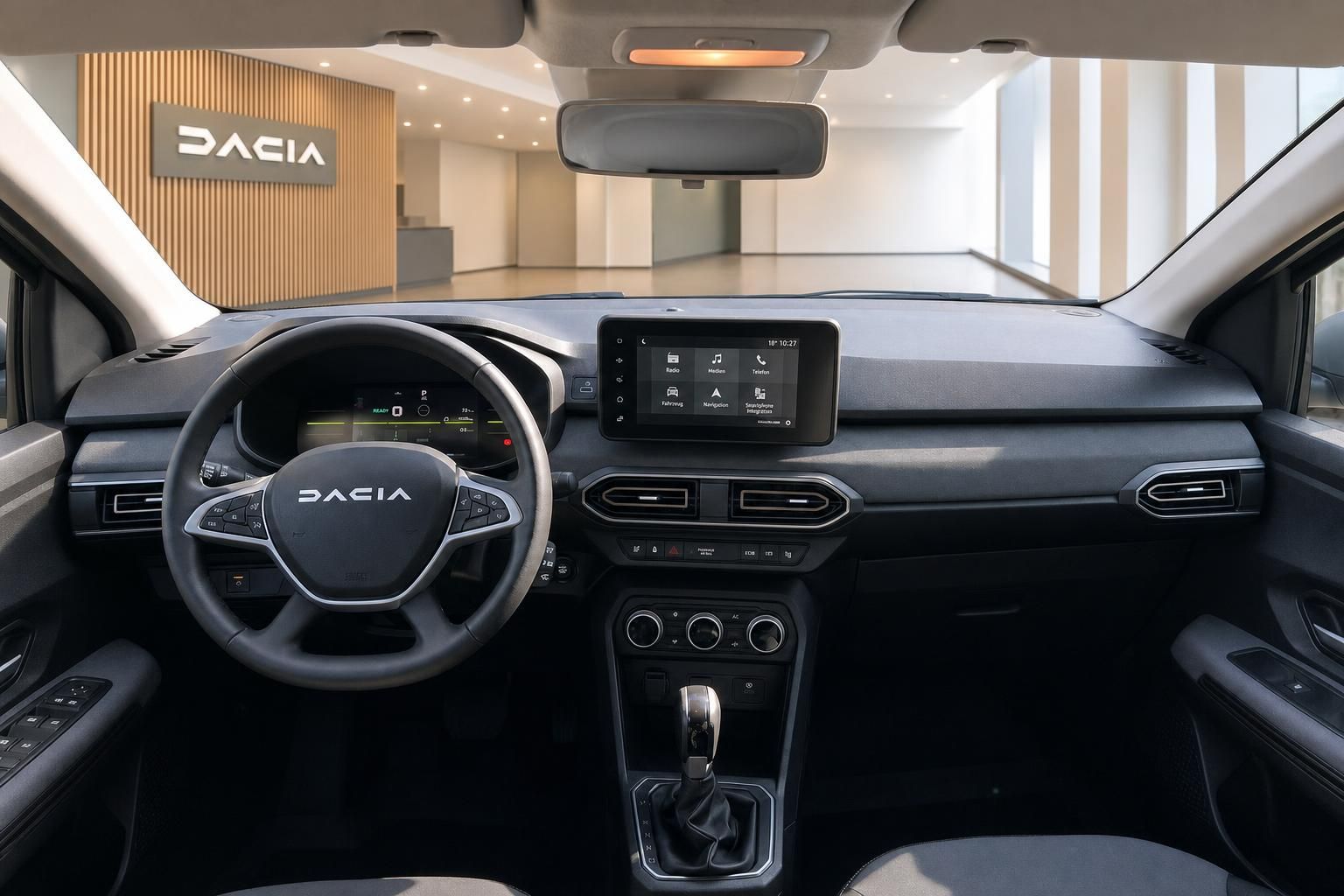 Dacia Cockpit mit Lenkrad, Touchscreen und Mittelkonsole im Autohaus