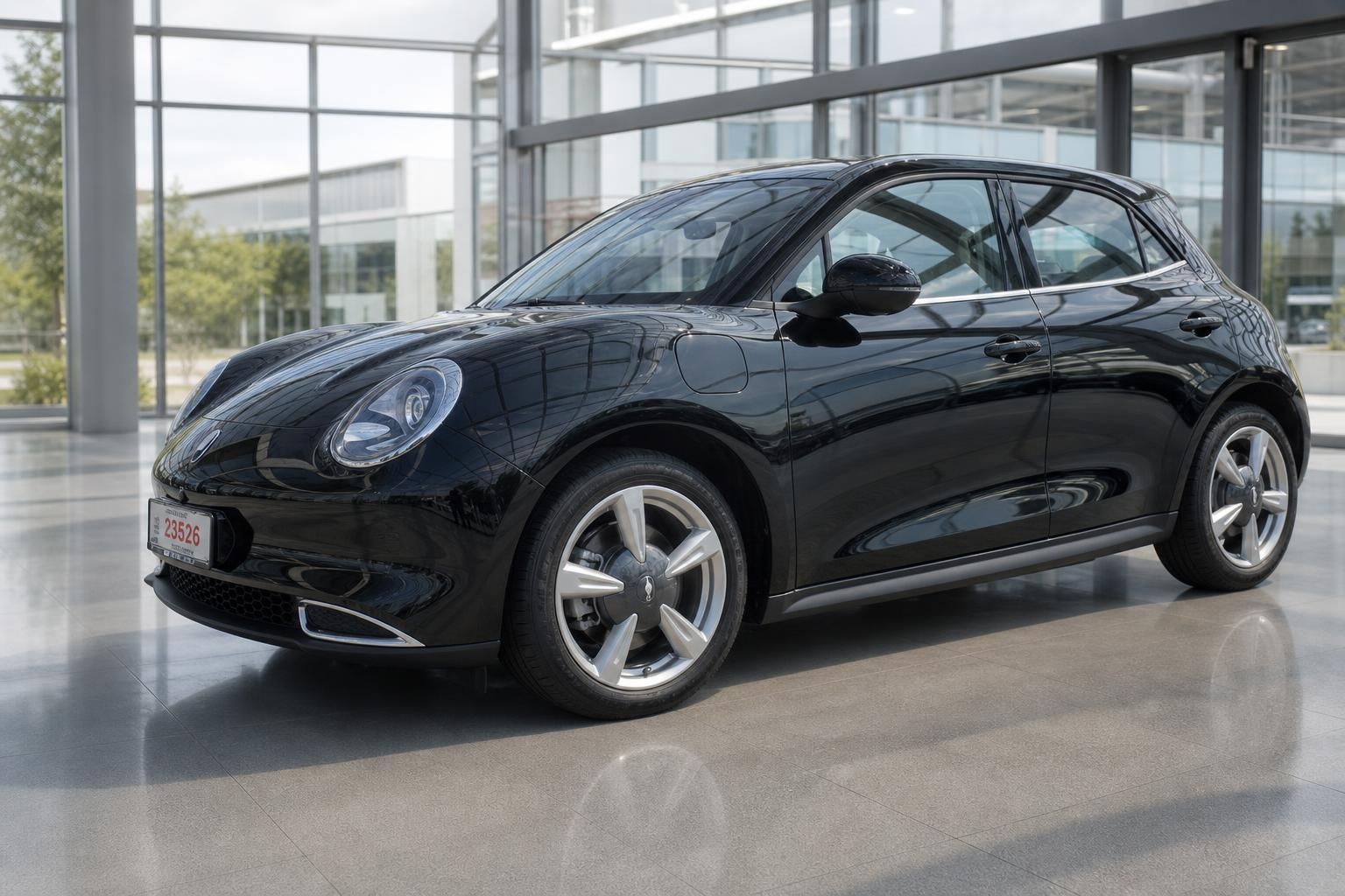 GWM ORA 03 schwarz Schrägansicht vorne links im Showroom mit Kennzeichen