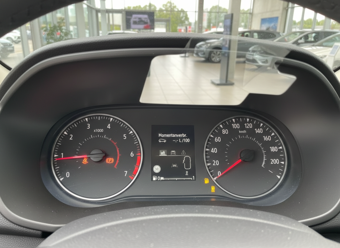 Fahrzeug-Cockpit mit Tacho und Drehzahlmesser, Momentanverbrauch-Anzeige, Innenraumaufnahme im Autohaus