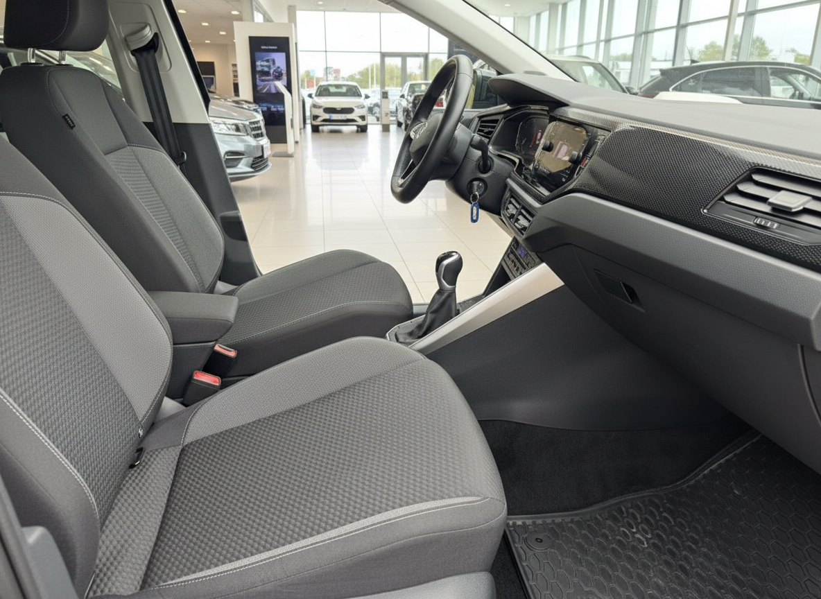 Volkswagen Innenraum Fahrersitz mit Schaltgetriebe und Touchscreen-Infotainment im Autohaus