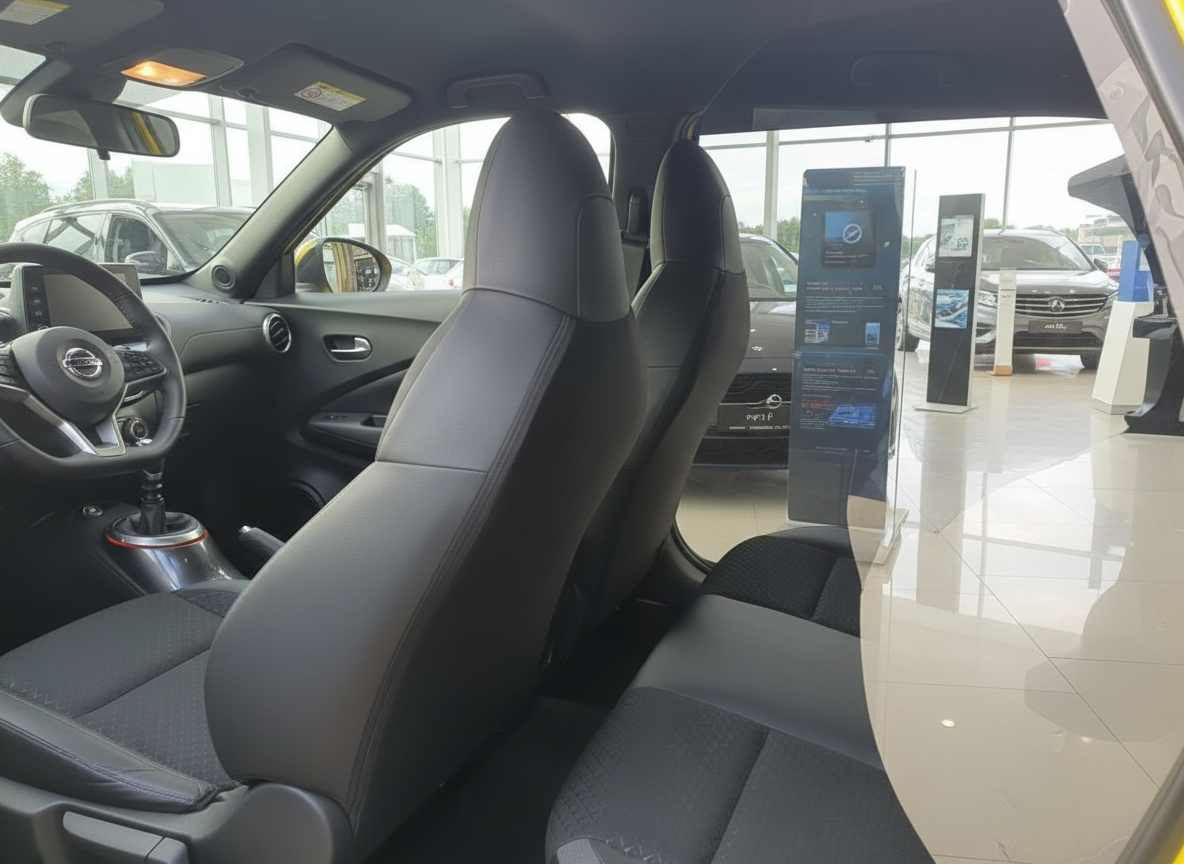 Nissan Juke Innenraum mit schwarzen Sitzen und Lenkrad im Autohaus Showroom