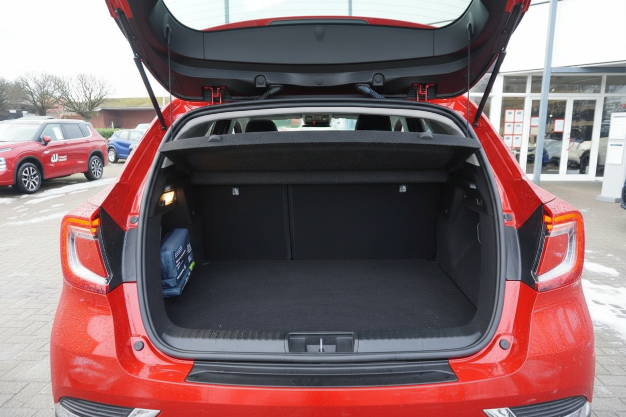 Roter SUV Kofferraum geöffnet – geräumiger Laderaum mit schwarzer Auskleidung auf Händlerparkplatz