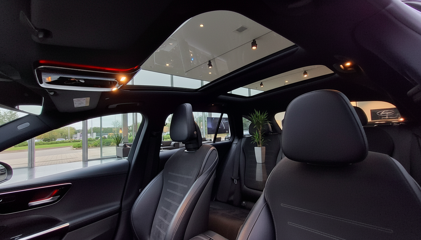 Luxuriöser Mercedes-Benz Innenraum mit schwarzen Ledersitzen, Panorama-Glasdach und ambientem LED-Licht im Autohaus-Showroom