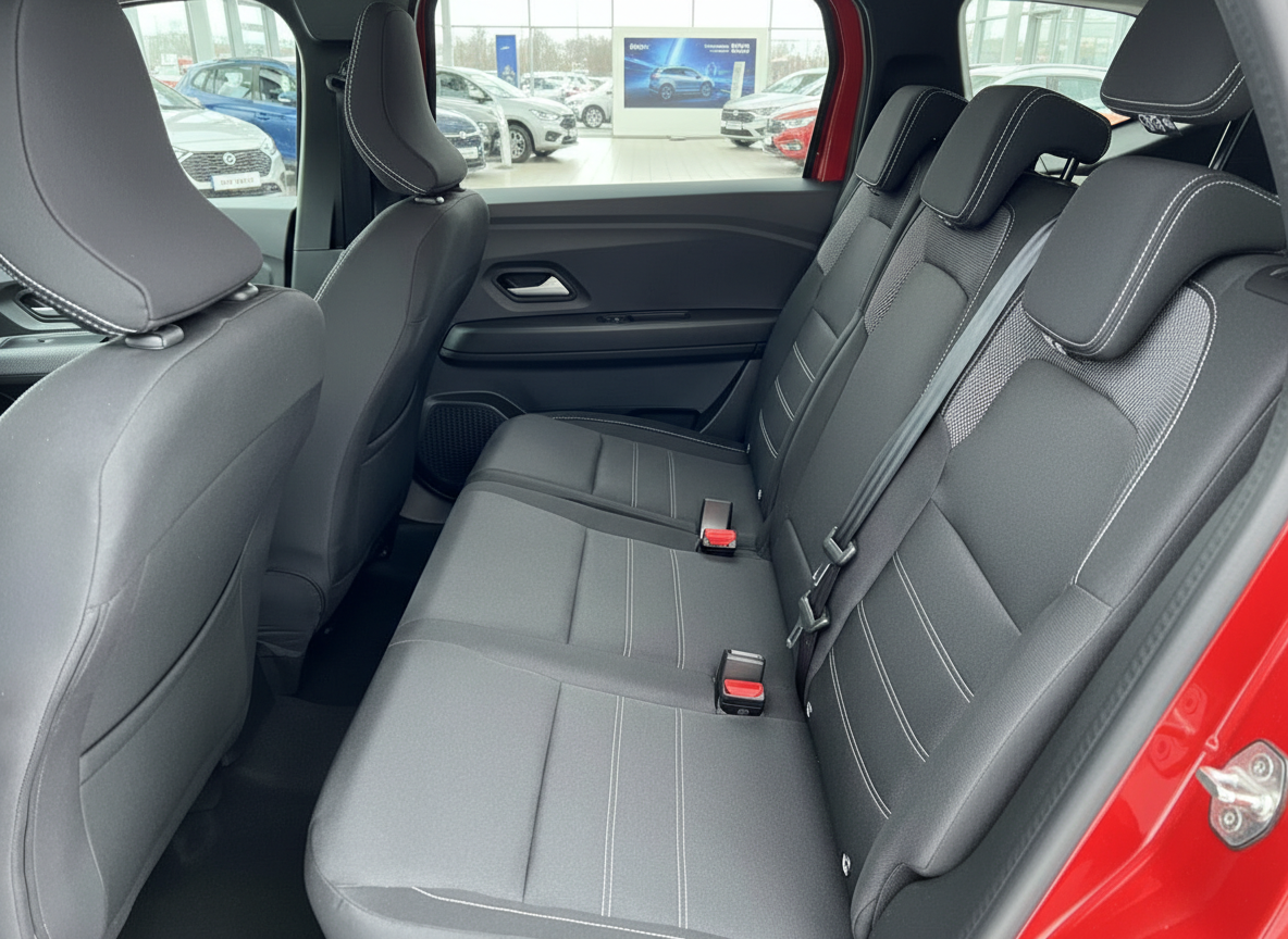 Rotes SUV Innenraum Rücksitzbank mit schwarzen Stoffsitzen und weißen Kontrastnähten