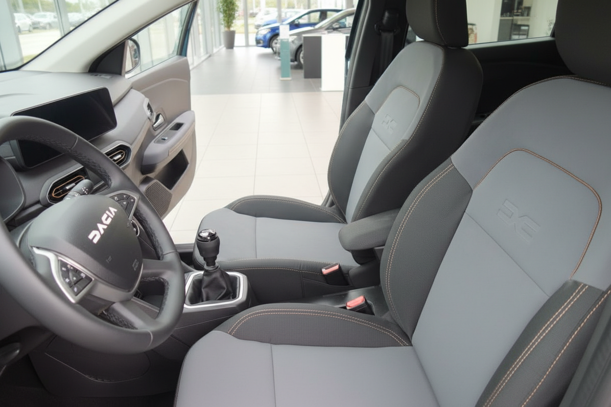 Dacia Innenraum mit grauen Stoff-Sitzen, Schaltgetriebe und Lenkrad – Fahrzeugausstellung
